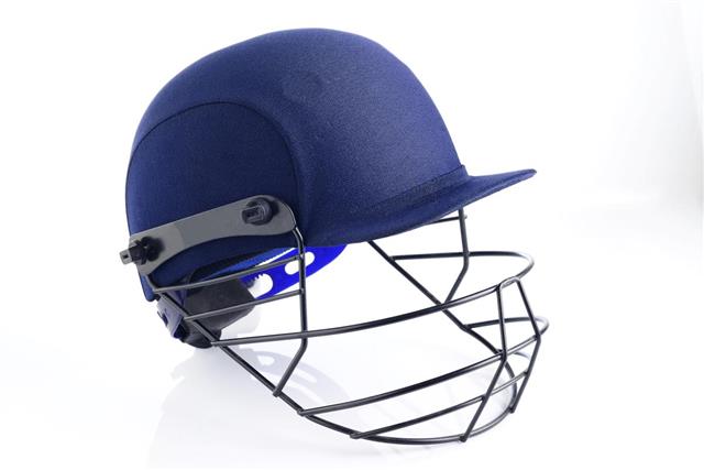 Close up of Blue Cricket Helmet on White Background