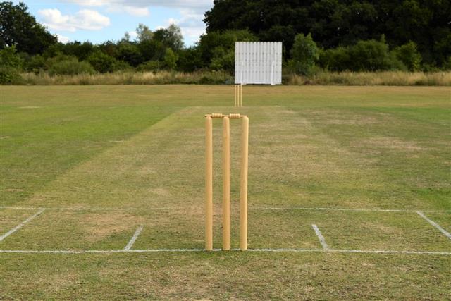 Cricket pitch with wicket and stumps