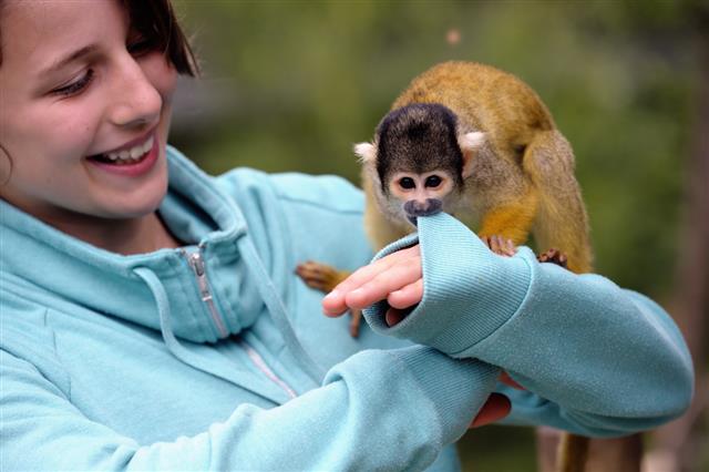 Cute Girl with a Squirrel Monkey