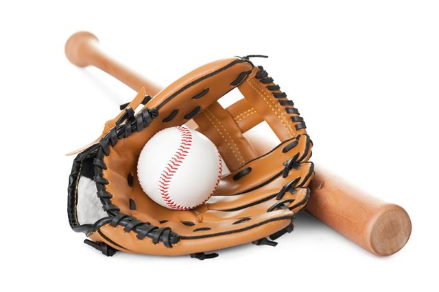 Leather glove with baseball and bat on white