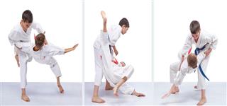 On a white background children are training throws collage