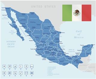 Highly detailed map of Mexico and the bordering waters
