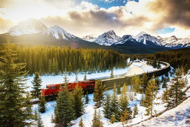 Canadian Pacific Railway train through Banff National Park, Canada