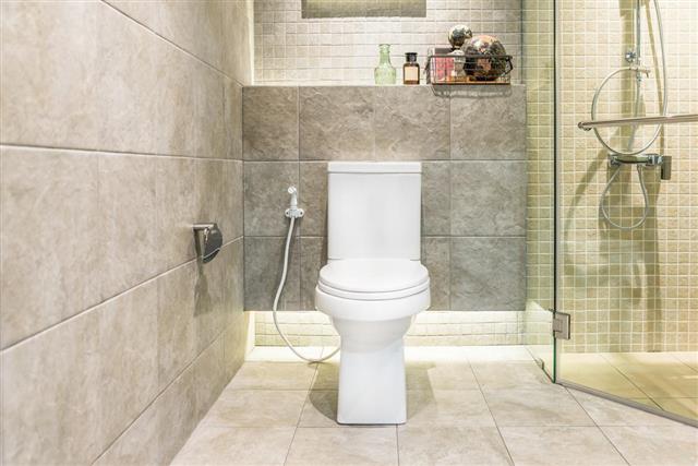 White toilet bowl in modern bathroom at hotel.