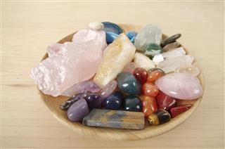 Healing Crystals in Wooden Dish