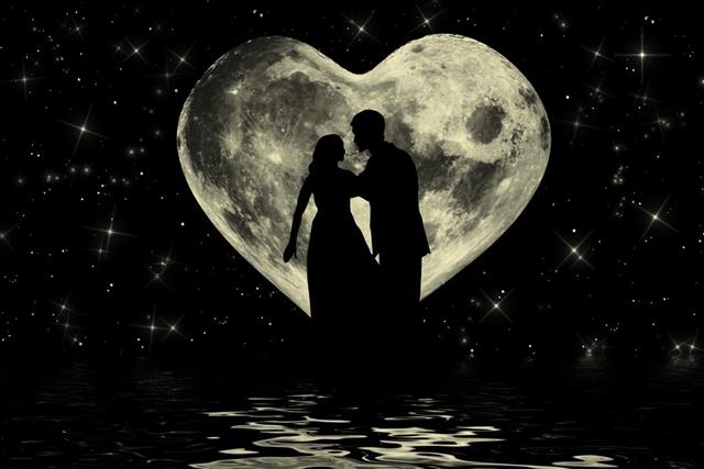 Romantic valentine atmosphere with couple at the moonlight