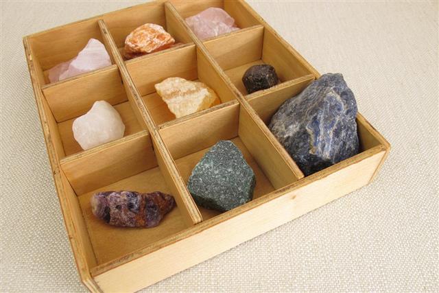 Healing crystals in wooden box