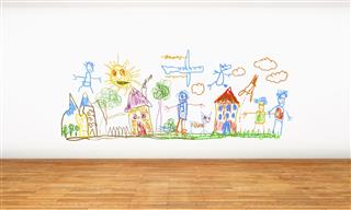 White wall with crayon drawings