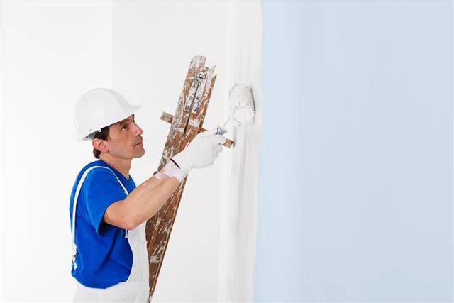 Painter painting a wall with paint roller