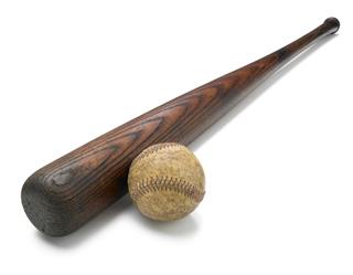 Antique bat and baseball isolated on white background