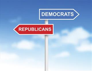 Signs Democrats and Republicans over sky