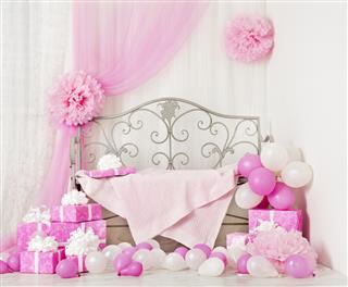 birthday party room with gift boxes