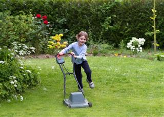 Little boy with a lawn mower in the garden