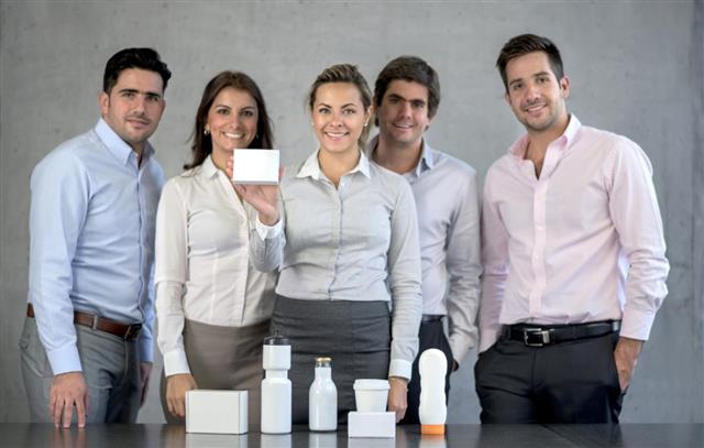 Group of business people introducing new products
