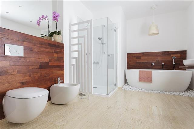 White and brown bathroom