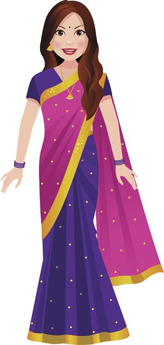 Indian woman standing in a traditional half and half saree