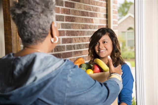 Volunteers Young adult brings groceries to senior woman at home