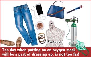 Collage of woman summer clothes,Portable oxygen tank,An oxygen mask attached to a hose