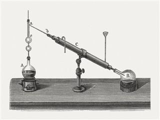 Fractional distillation, wood engraving, published in 1880