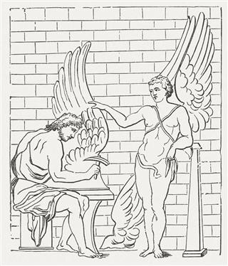 Daedalus and Icarus, Greek mythology, wood engraving, published in 1880