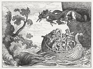 Ulysses and the Scylla, Greek mythology, wood engraving, published 1880