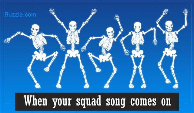 Five skeletons doing a silly dance