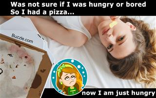 Girl eating chips on the bed, standing next to pizza