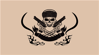 Skull Wearing Bandana Holding Pistols And Banner