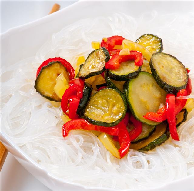 Rice Noodles And Vegetables On Plate
