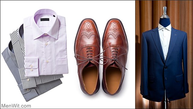 a collage of shirts, shoes and blazer