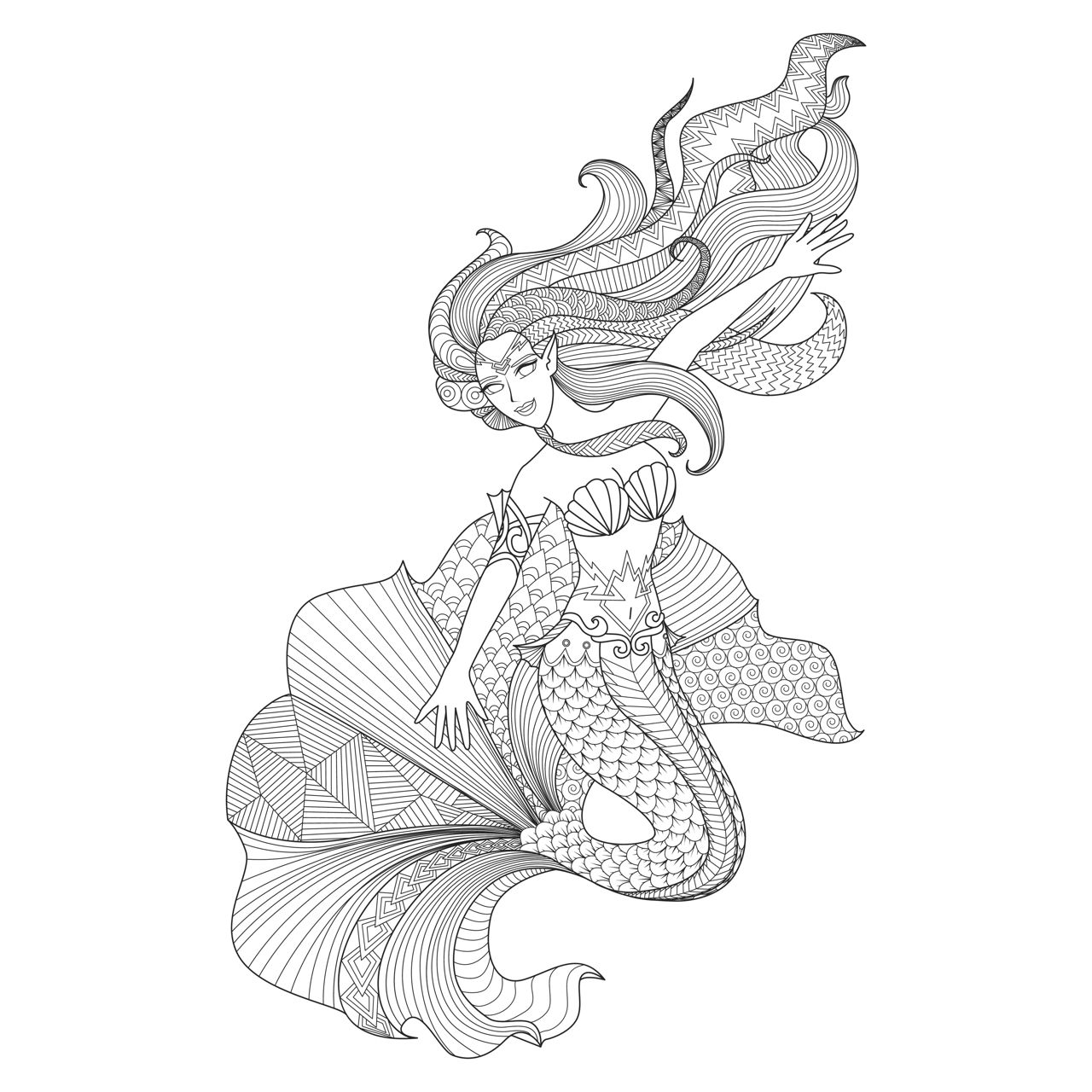 Realistic Mermaid Coloring Pages Detailed
