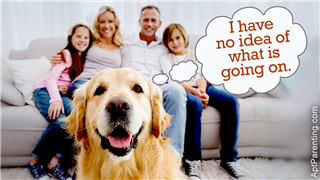 Family Sitting On The Couch With Golden Retriever In Foreground
