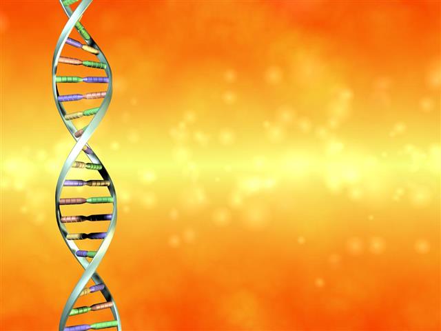 Multicolored DNA strand on an orange background