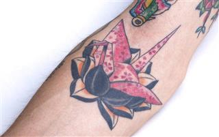 Pink Crane Black Lotus Forearm Tattoo