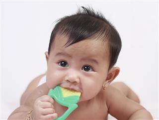 Cute Asian Baby Girl Biting Rubber Toy