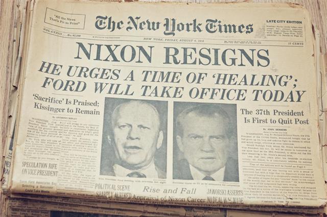 Newspaper front page showing resignation of Nixon