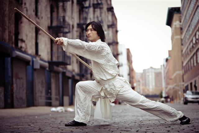 Kung fu martial artist training in an alley