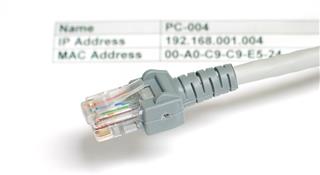 An Ethernet cable with an IP address printed behind it