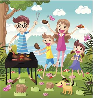 family enjoying barbecue in nature