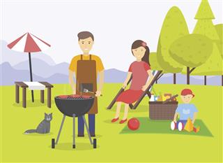 Family making barbecue