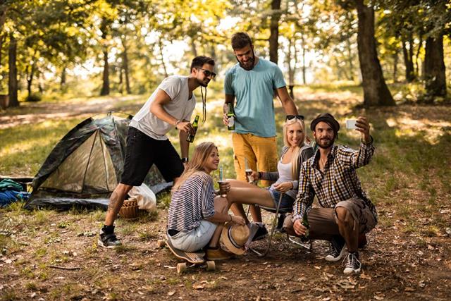 happy friends camping