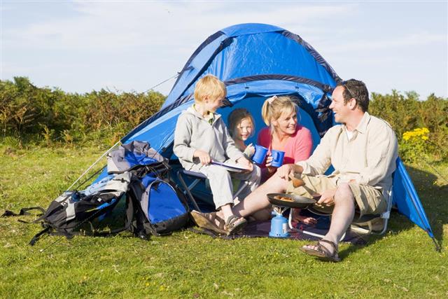 Family camping with tent