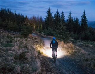 Mountain Biking With Lights At Dusk