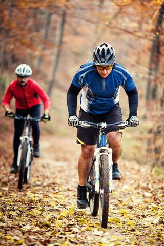 Two Cyclists Racing In Forest