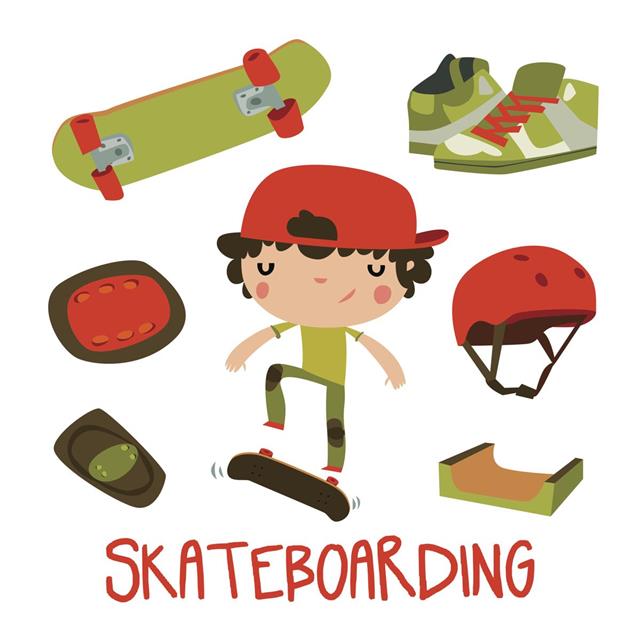 Skateboarding boy and equipment