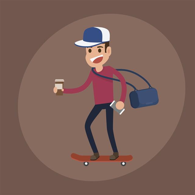 Man Riding Skateboardwith Coffee Paper Cup And Smartphone