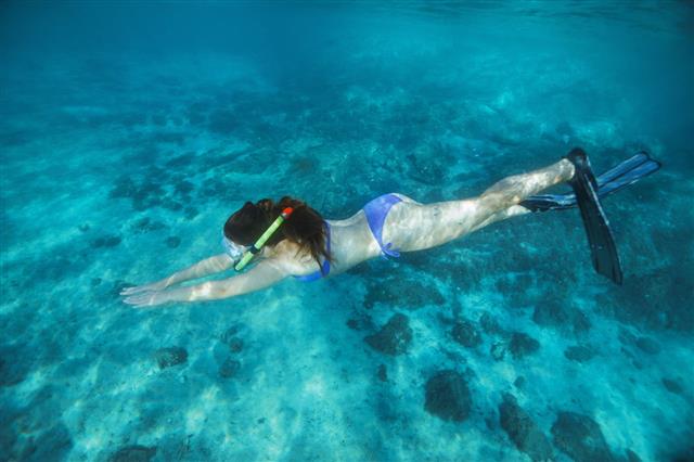 Young Woman Snorkeling Underwater