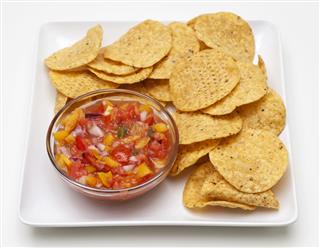 Corn Chips With Bowl Of Salsa