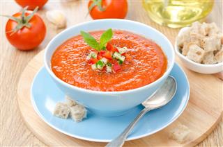 Tomato Gazpacho Soup With Basil And Croutons