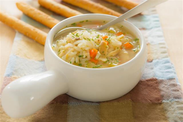 Chicken Rice Soup With Bread Stick